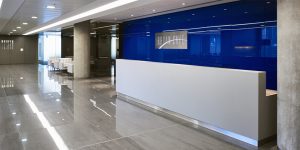This image shows the reception area of this international law firm.