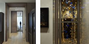This image shows the hallway doors and butterfly artwork in the minimalist art-filled apartment in Chelsea.