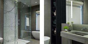 This image shows the master ensuite bathroom in the art-filled minimalist apartment in Chelsea.