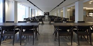 This image shows the staff cafeteria of the luxury fashion offices in London.