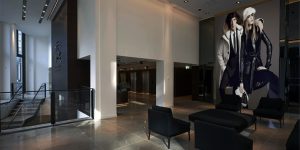 This image shows the reception area of the luxury fashion offices in London.