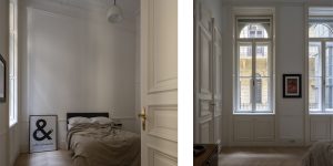 This image shows the guest bedroom in the historic renovated Budapest apartment, Hungary