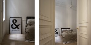 This image shows the guest bedroom and door detail at entrance in the historic renovated Budapest apartment, Hungary