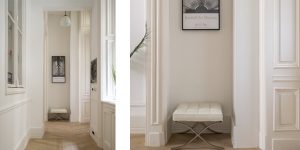 This image shows the entrance foyer in the historic renovated Budapest apartment, Hungary