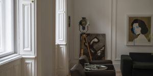 This image shows the window and shutter detail in the Living room in the historic renovated Budapest apartment, Hungary