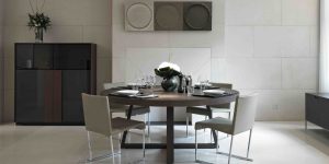This image shows the dining room of this elegant London pied-a-terre.