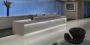 This image shows the reception area of the asset management firm in London.