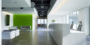 This image shows the reception and waiting area for this confidential media company's meeting and entertainment suite.