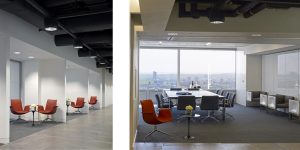 This image is of the small flexible meeting rooms for this confidential media company's meeting and entertainment suite.