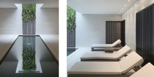 This image shows the swimming pool and spa area in this renovated historic townhouse in London.