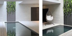 This image shows the swimming pool area in this renovated historic townhouse in London.