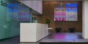 This image shows the reception entry and artwork of this financial and banking company.