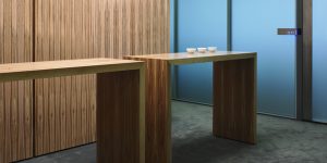 This image shows the pre-function area of the media room of this financial and banking company.