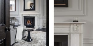 This image shows the Reception Room and fireplace detail of this renovated, listed villa in St John's Wood, London.