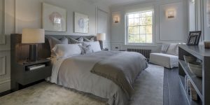 This image shows the master bedroom of this renovated, listed villa in St John's Wood, London.