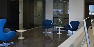 This image shows the display cabinet and entrance to the reception at this loyalty management company.