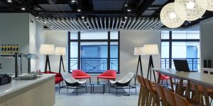 This image shows the in-house office cafe for the new corporate office headquarters of a London investment firm.