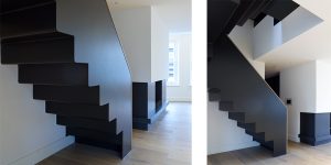 This image shows the black metal stair details of this 1888 office conversion to luxury loft spaces in Soho, London.