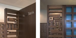 This image shows details of the timber screens in the reception area of this banking and investment company.