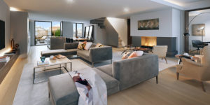 This image shows a rendering of the penthouse loft of this 1888 office conversion to luxury loft spaces in Soho, London.