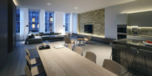 This image shows a rendering of the typical loft unit of this 1888 office conversion to luxury loft spaces in Soho, London.