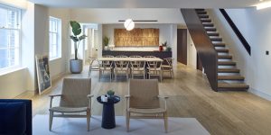 This image shows the Living Room looking towards the new staircase and Dining Room of one of the three luxury duplex apartments in Central London.