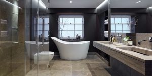 This image shows the master bedroom ensuite bathroom of one of the three luxury duplex apartments in Central London.