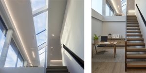 This image shows the Home Office and skylights of the double height space of one of the three luxury duplex apartments in Central London.