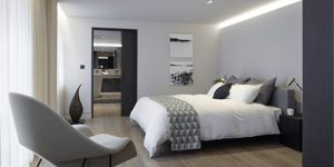 This image shows the master bedroom of one of the three luxury duplex apartments in Central London.