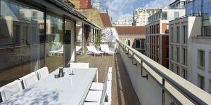 This image shows the terrace of one of the three luxury duplex apartments in Central London.