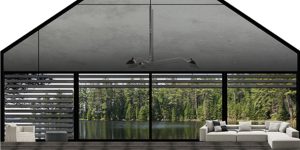 This image shows the interior elevation of this floating summer cottage on an Ontario lake.