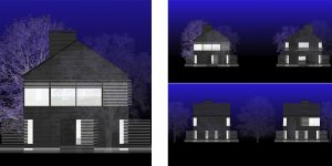 This image shows renderings of the elevations at night of this floating summer cottage on an Ontario lake.