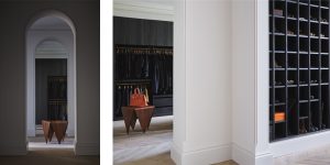 This image shows the refurbishment of the Little Venice, London historic property. It is the view of the new dressing room. You enter through an arched opening in the hall. The bespoke joinery was designed to fit all the client's wardrobe and shoes. This image exemplifies our modern approach to the design and refurbishment of historic properties in Europe.