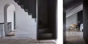 This image shows the refurbishment of the Little Venice, London historic property. It is the view of the new staircase to the guest bedroom. You enter through an arched opening in the hall. The stair was constructed of wire-brushed black-stained Larch wood. This image exemplifies our modern approach to the design and refurbishment of historic properties in Europe.