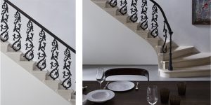 This image shows the refurbishment of the Little Venice, London historic property. It is the view of the refurbished staircase handrail and balustrade. The image shows a detail of the refurbished original decorative balustrade. The stone stair treads were also refurbished. This stair leads down to the main dining room. This image exemplifies our modern approach to the design and refurbishment of historic properties in Europe.