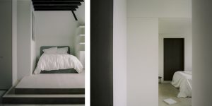 This image shows the bedrooms. One image is of the raised sleeping area in the mezzanine bedroom. The other image shows the 2nd bedroom downstairs in the loft apartment.