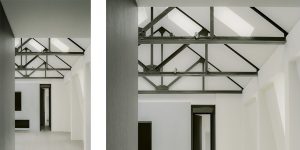 This image shows a detail of the restore trusses and the new rooflights in the loft apartment.